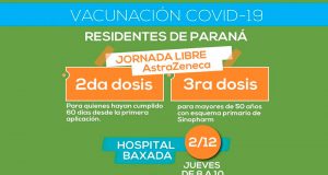 Este jueves en Paraná JORNADA ABIERTA  de vacunación para segundas y terceras dosis